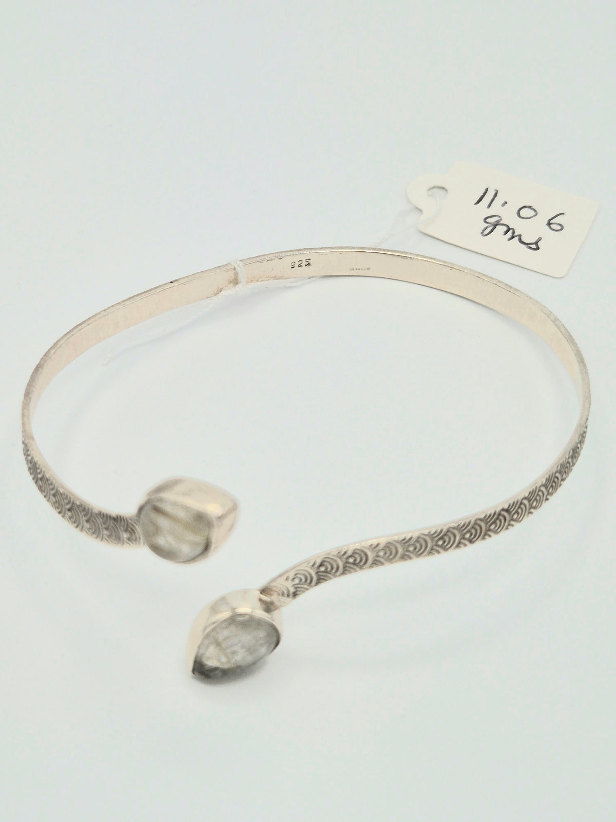 The Etched Scroll Stone-Terminal Sterling Silver Bangle