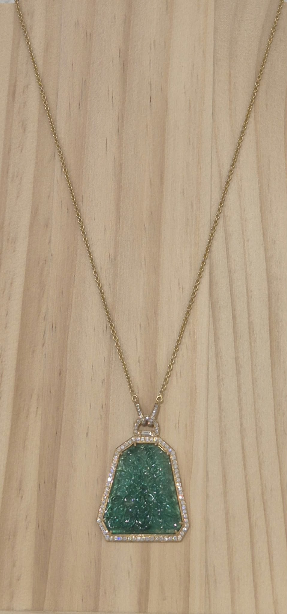 Carved Emerald with Diamonds Pendant 18 karat Gold Necklace