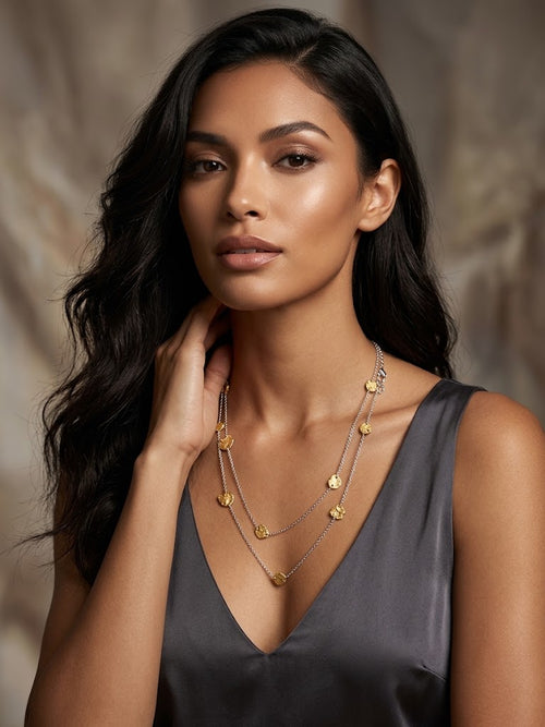 Double line Gold plated Falling leaves Sterling Silver necklace