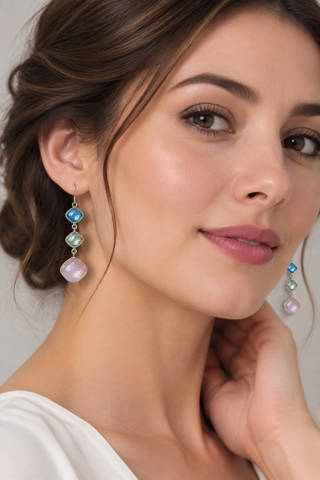 Rose quartz + Green Amethyst + Blue Topaz Earrings